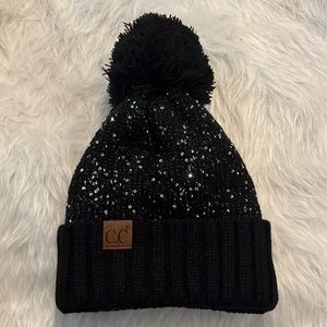 C.C Black Sequin Beanie With Pom Pom